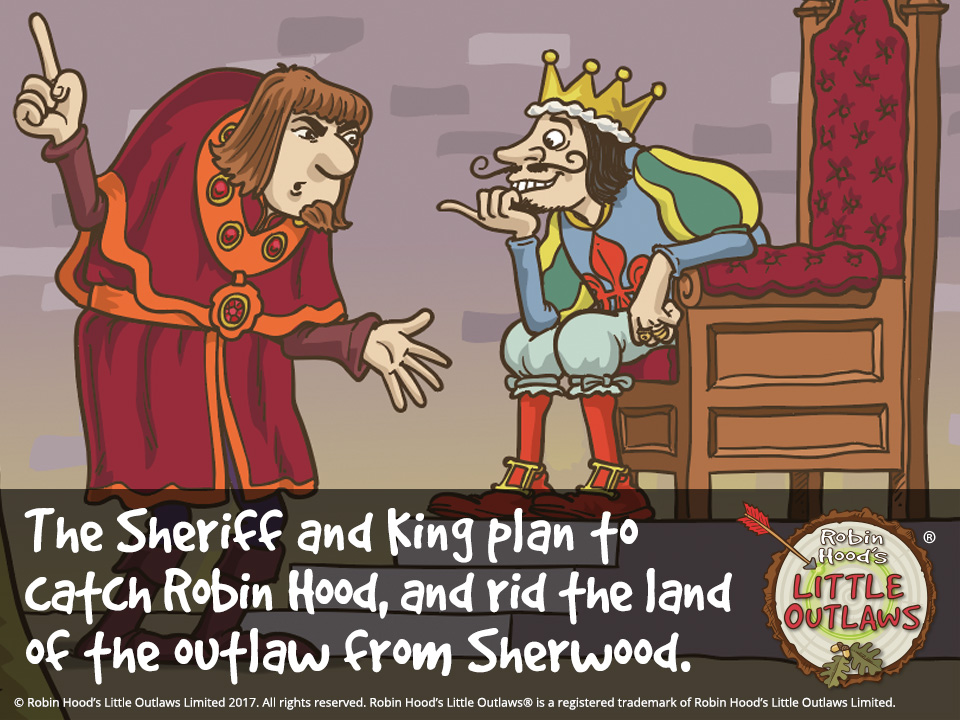 Illustration of the Sheriff of Nottingham and King John plotting against Robin Hood, from Robin Hood's Little Outlaws' first children's picture book, "Robin Hood, who's he?"