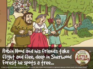 Illustration of Robin Hood, Maid Marian and Little John, from Robin Hood's Little Outlaws' first children's picture book, "Robin Hood, who's he?"