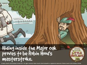 Illustration of Robin Hood hiding inside the Major Oak, from Robin Hood's Little Outlaws' first children's picture book, "Robin Hood, who's he?"