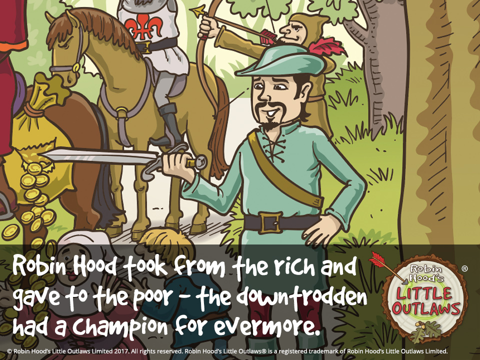 Illustration of Robin Hood taking from the rich and giving to the poor, from Robin Hood's Little Outlaws' first children's picture book, "Robin Hood, who's he?"