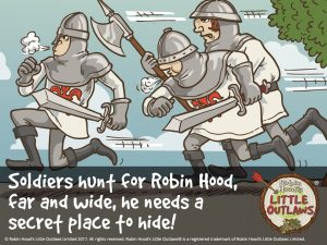 Illustration of the Sheriff of Nottingham and King John's soldiers hunting for Robin Hood, from Robin Hood's Little Outlaws' first children's picture book, "Robin Hood, who's he?"