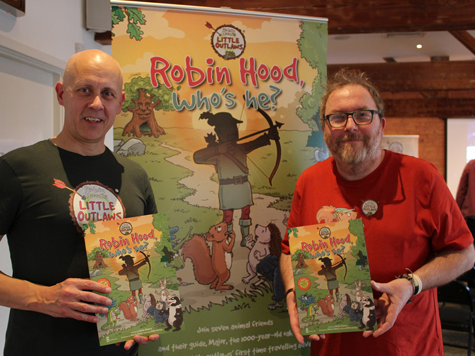 Author, Adrian Sissons, and designer, Robin George at the Waterstones launch of their first Robin Hood's Little Outlaws children's book