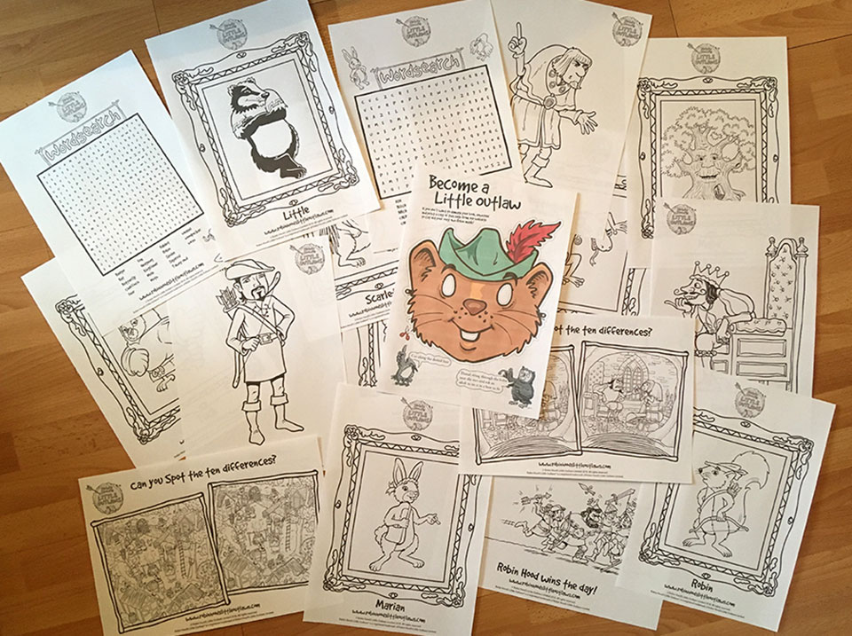 A spread of printed, downloadable fun activities, available from Robin Hood's Little Outlaws' website